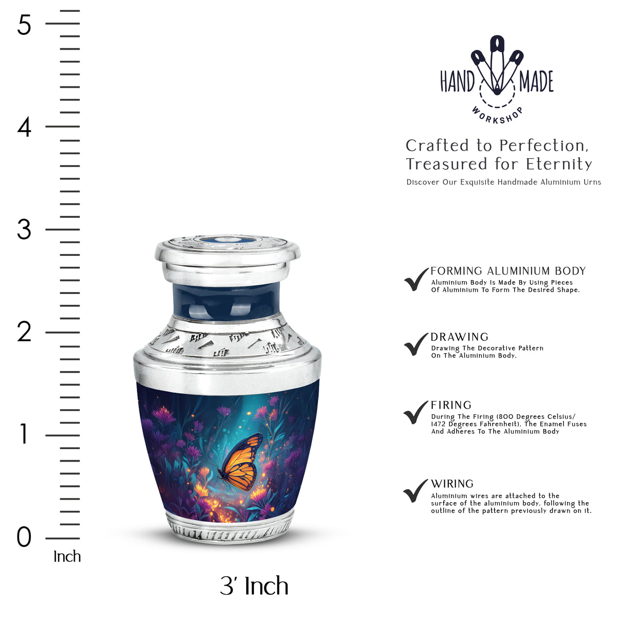 Indigo Butterfly Cremation Urn top-down view of secure threaded lid - modern art-inspired butterfly motif on sleek aluminum - mini keepsake memorial for portion of cremation ashes