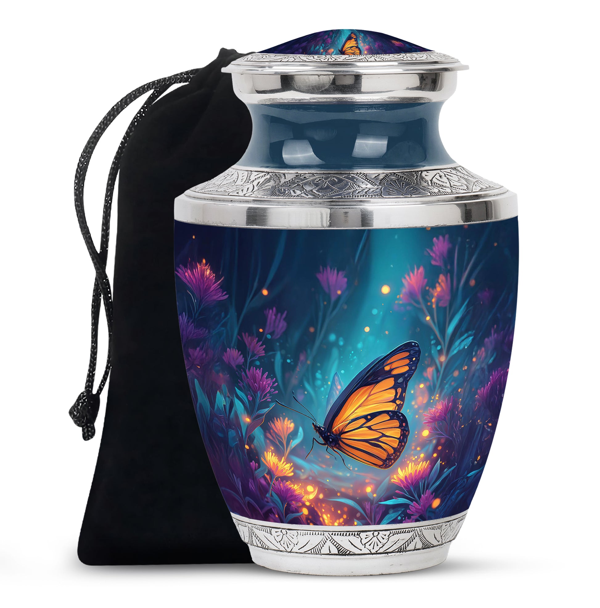 Powder Blue Butterfly Cremation Urn side profile showing urn shape - modern art-inspired butterfly motif on sleek aluminum - full-size 10 inch 200 cubic inch adult cremation urn