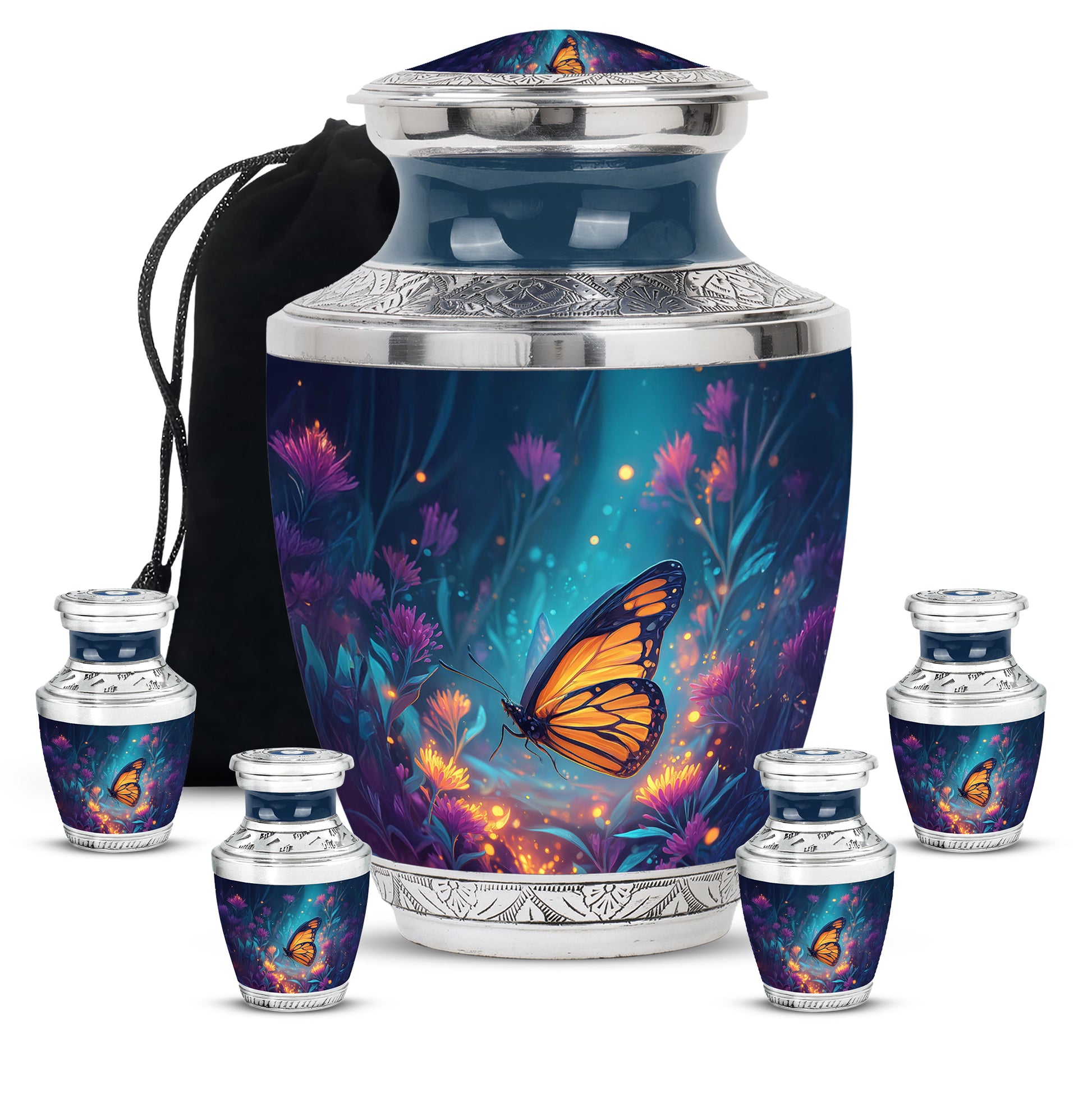 Bright Blue Butterfly Cremation Urn lifestyle display on memorial shelf - artistic butterfly interpretation with creative detail - memorial set with one large and four small urns