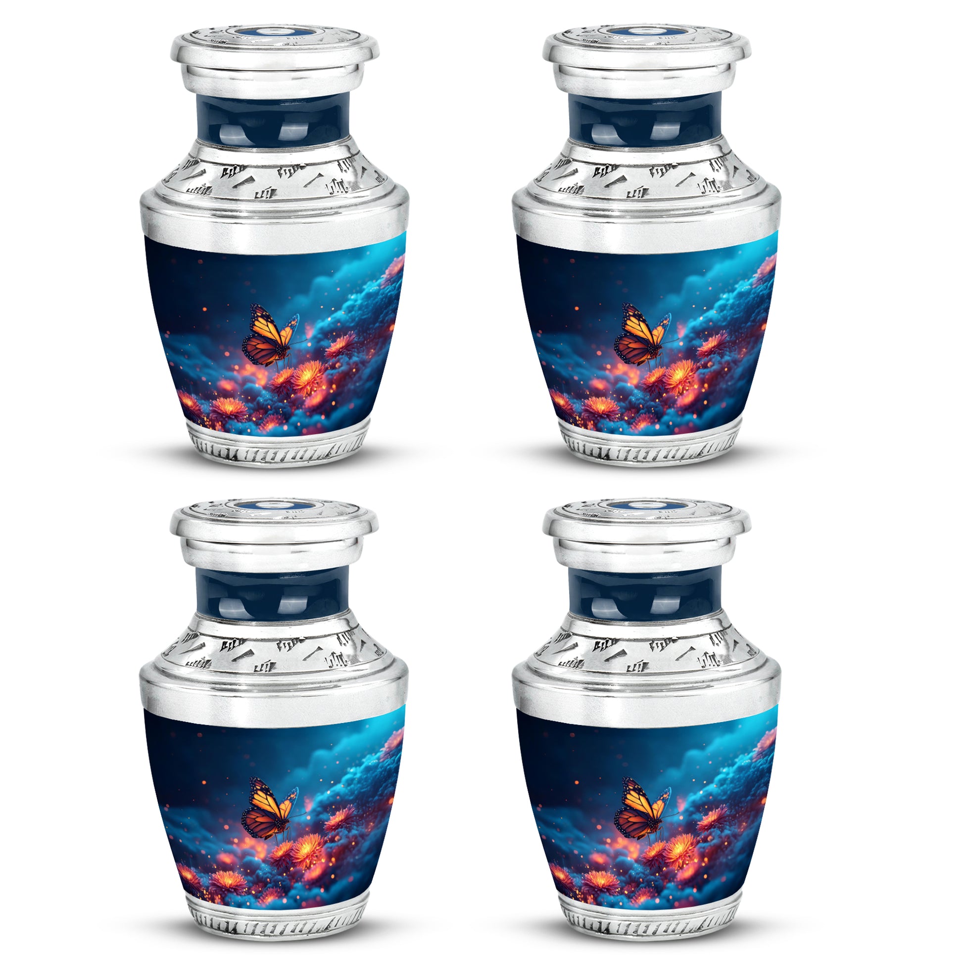 Slate Blue Butterfly Cremation Urn back view with polished surface - contemporary butterfly design with modern artistic flair - 10 inch aluminum urn for cremated remains
