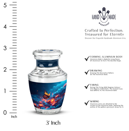 Bright Blue Butterfly Cremation Urn top-down view of secure threaded lid - artistic butterfly interpretation with creative detail - mini keepsake memorial for portion of cremation ashes