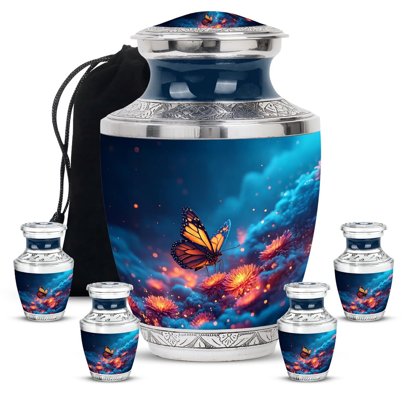 Bright Blue Butterfly Cremation Urn lifestyle display on memorial shelf - artistic butterfly interpretation with creative detail - memorial set with one large and four small urns