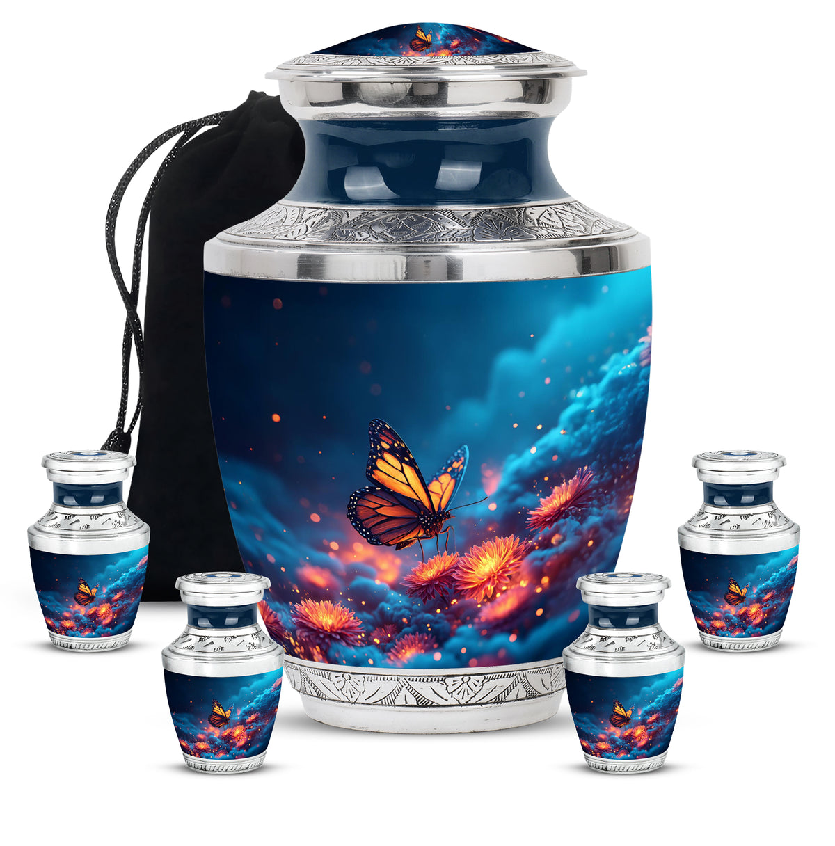 Bright Blue Butterfly Cremation Urn lifestyle display on memorial shelf - artistic butterfly interpretation with creative detail - memorial set with one large and four small urns