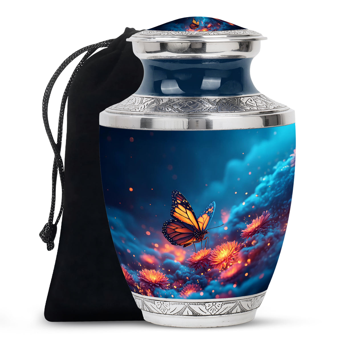 Twilight Blue Butterfly Cremation Urn side profile showing urn shape - artistic butterfly interpretation with creative detail - full-size 10 inch 200 cubic inch adult cremation urn