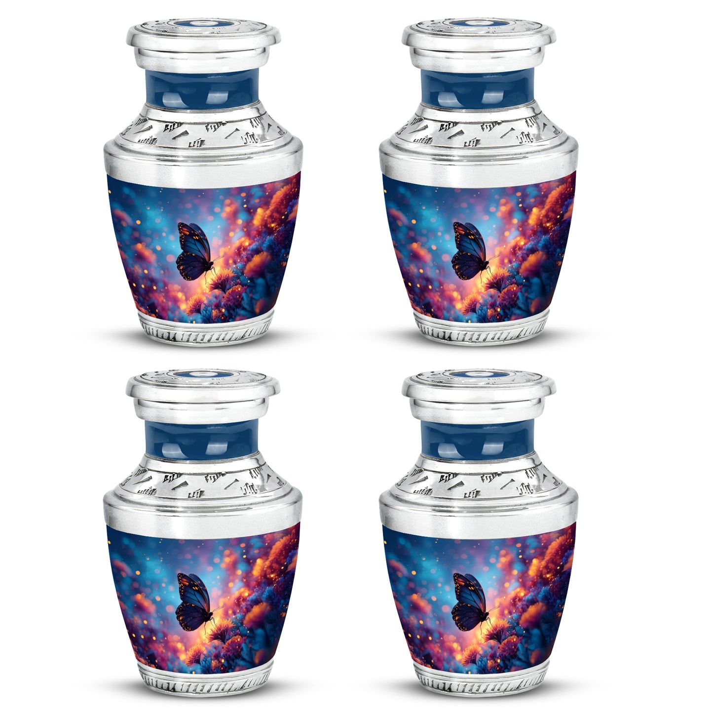 Serene Blue Butterfly Cremation Urn back view with polished surface - artistic butterfly interpretation with creative detail - 10 inch aluminum urn for cremated remains
