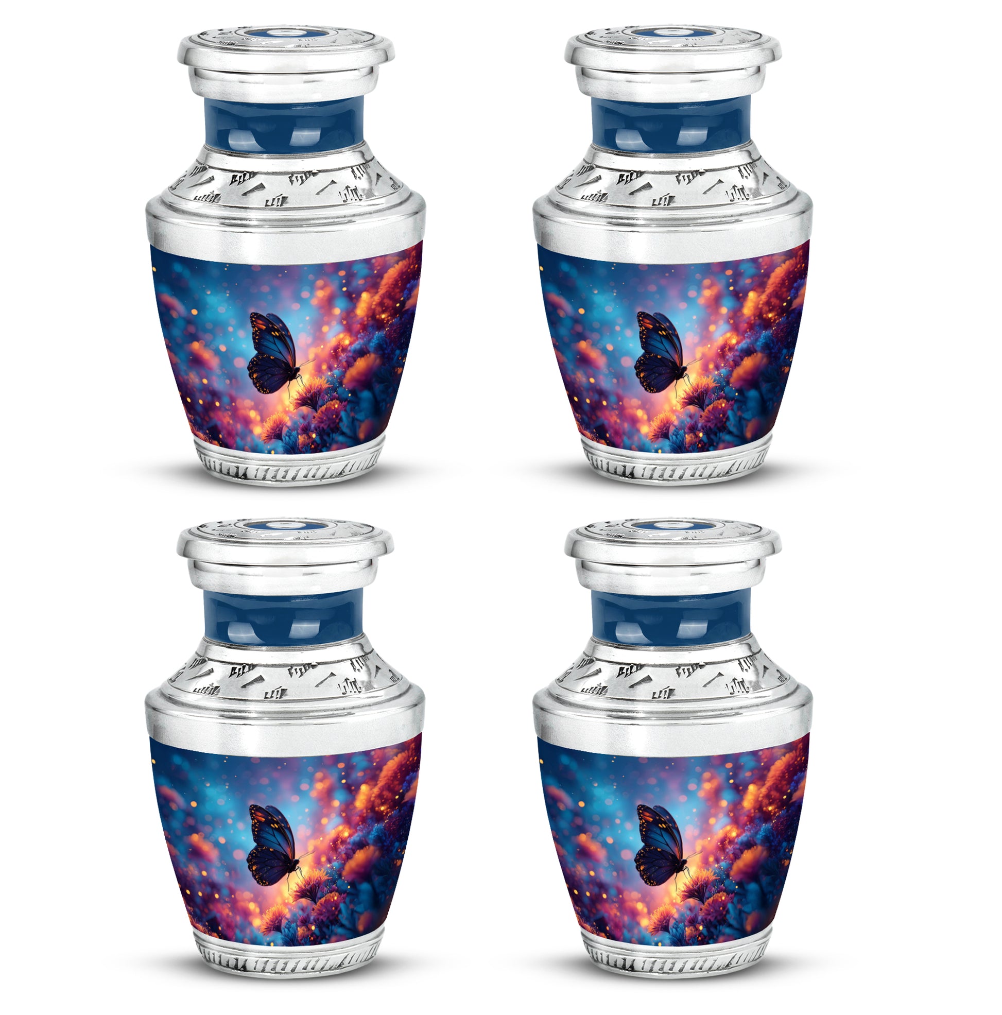 Serene Blue Butterfly Cremation Urn back view with polished surface - artistic butterfly interpretation with creative detail - 10 inch aluminum urn for cremated remains