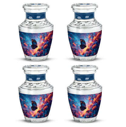 Serene Blue Butterfly Cremation Urn back view with polished surface - artistic butterfly interpretation with creative detail - 10 inch aluminum urn for cremated remains