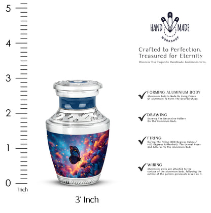 Indigo Butterfly Cremation Urn top-down view of secure threaded lid - modern art-inspired butterfly motif on sleek aluminum - mini keepsake memorial for portion of cremation ashes