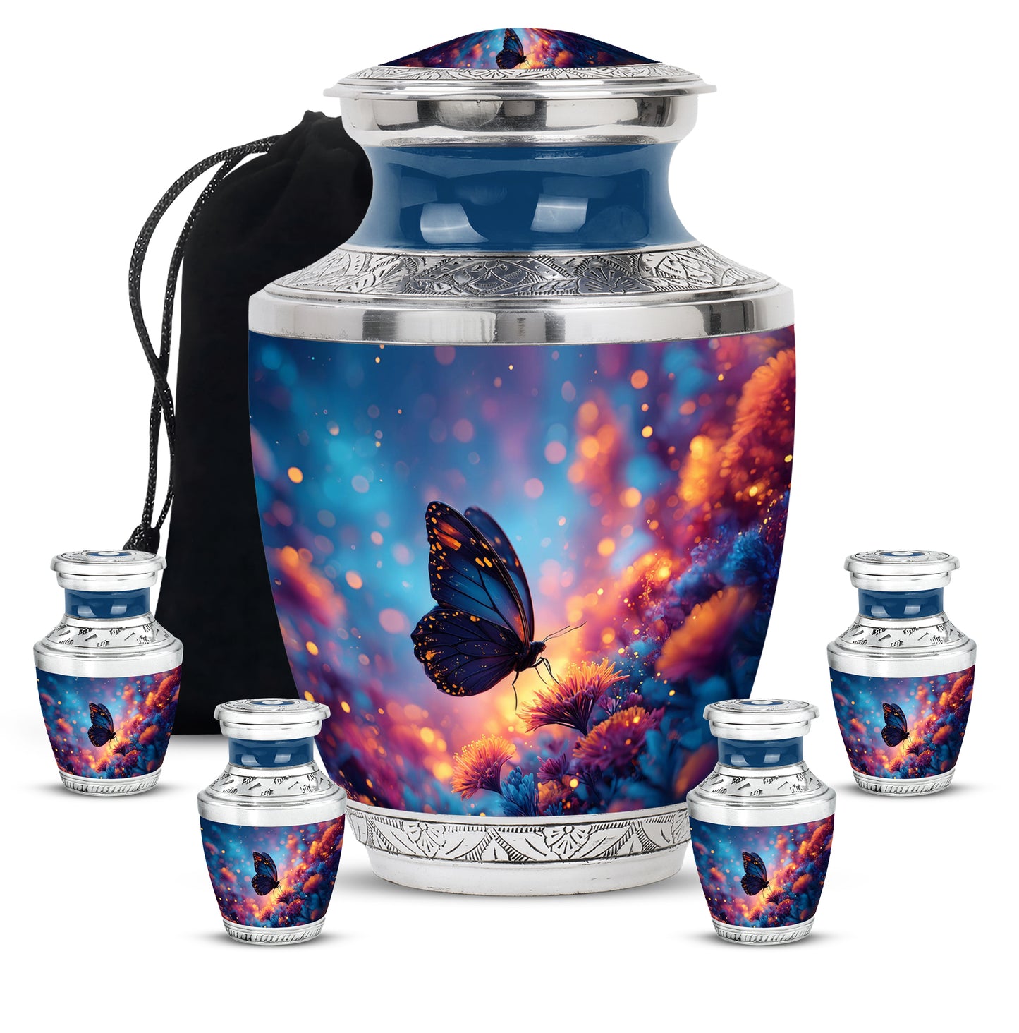 Icy Blue Butterfly Cremation Urn lifestyle display on memorial shelf - contemporary butterfly design with modern artistic flair - memorial set with one large and four small urns