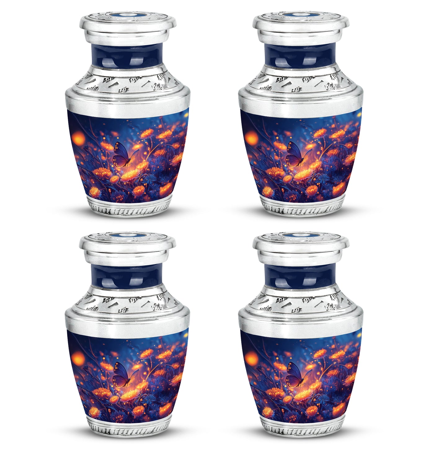 Celestial Blue Butterfly Cremation Urn back view with polished surface - contemporary butterfly design with modern artistic flair - 10 inch aluminum urn for cremated remains