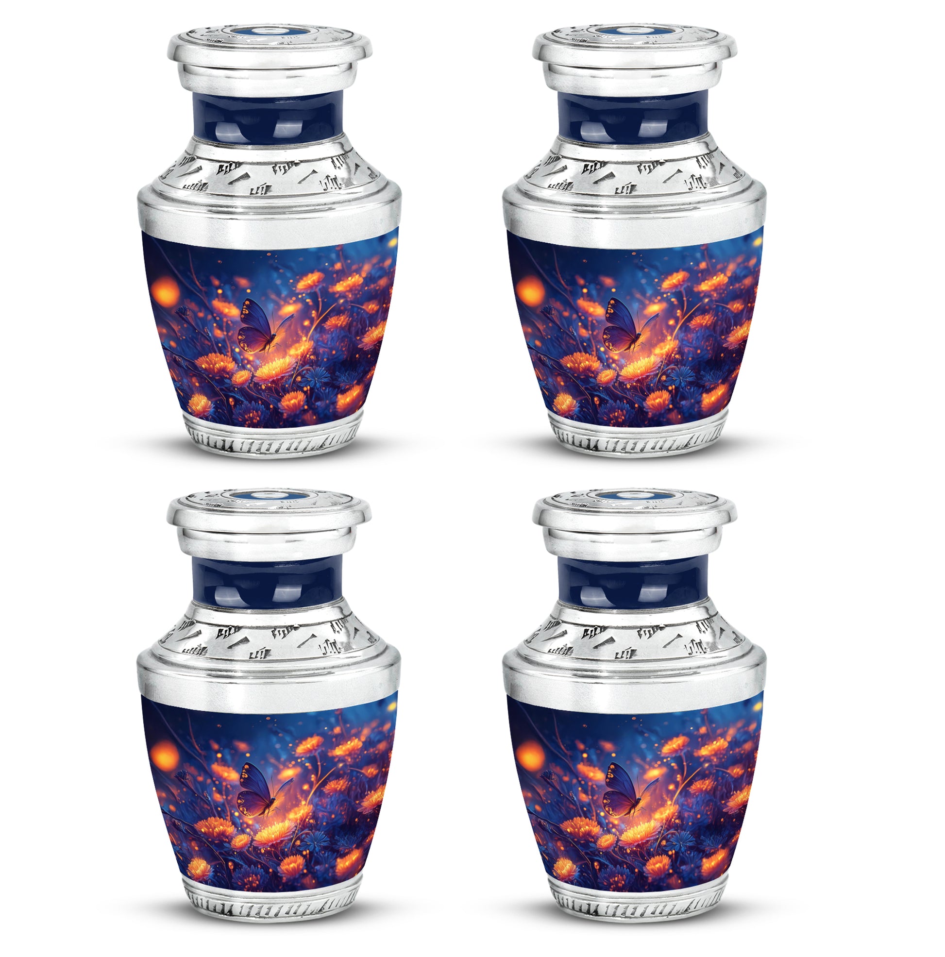 Celestial Blue Butterfly Cremation Urn back view with polished surface - contemporary butterfly design with modern artistic flair - 10 inch aluminum urn for cremated remains