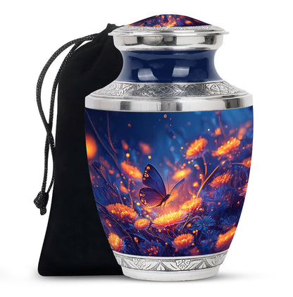 Steel Blue Butterfly Cremation Urn side profile showing urn shape - stylized abstract butterfly pattern with bold lines - full-size 10 inch 200 cubic inch adult cremation urn