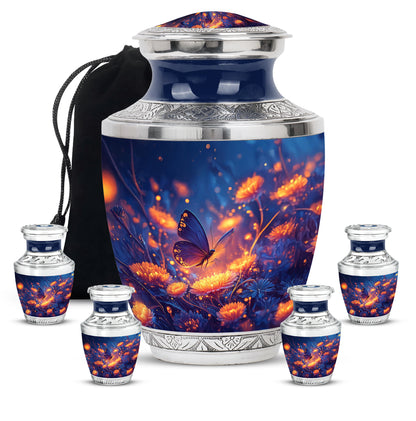 Misty Blue Butterfly Cremation Urn lifestyle display on memorial shelf - modern art-inspired butterfly motif on sleek aluminum - memorial set with one large and four small urns