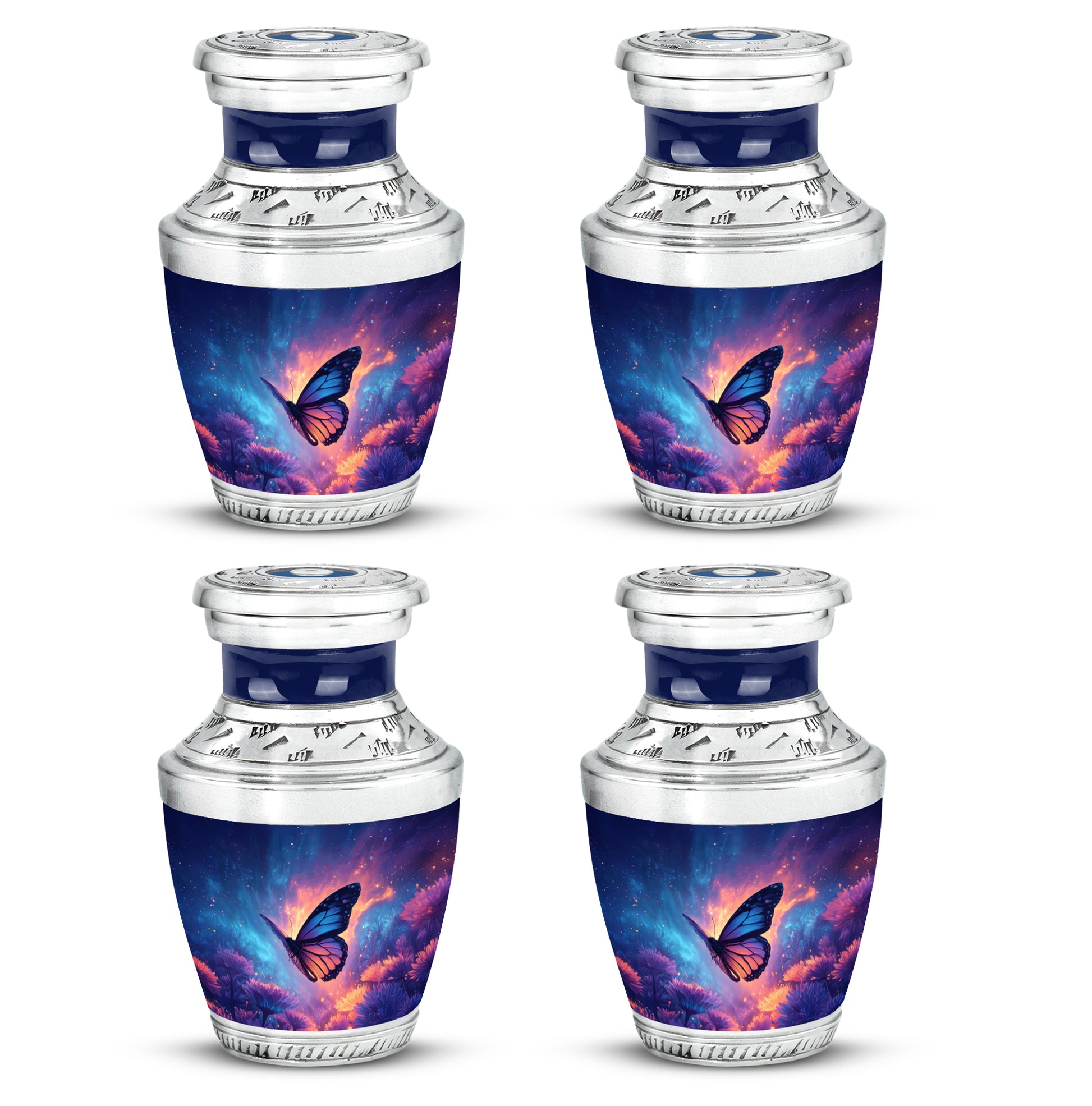 Misty Blue Butterfly Cremation Urn back view with polished surface - modern art-inspired butterfly motif on sleek aluminum - 10 inch aluminum urn for cremated remains