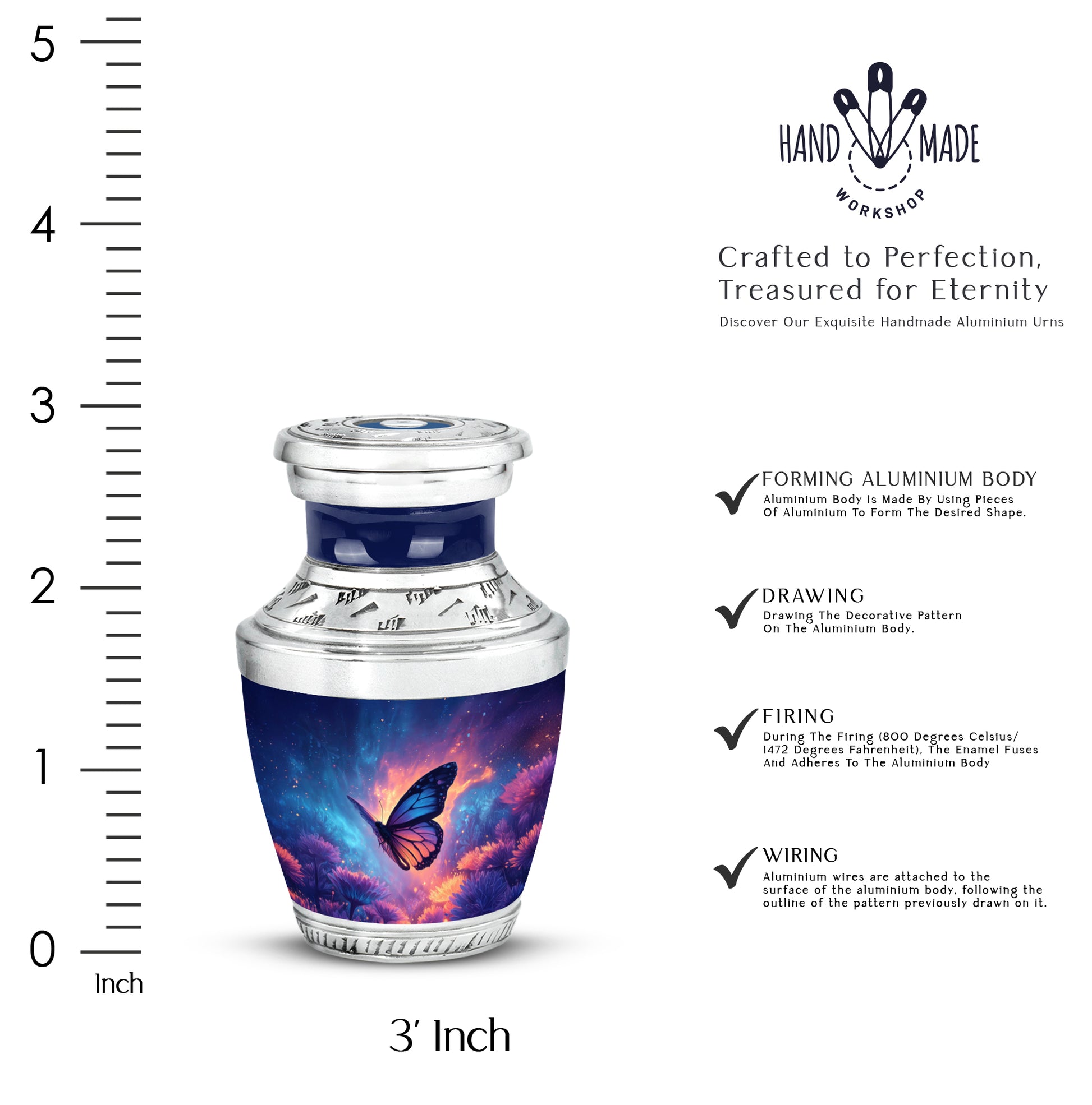 Azure Butterfly Cremation Urn top-down view of secure threaded lid - contemporary butterfly design with modern artistic flair - mini keepsake memorial for portion of cremation ashes