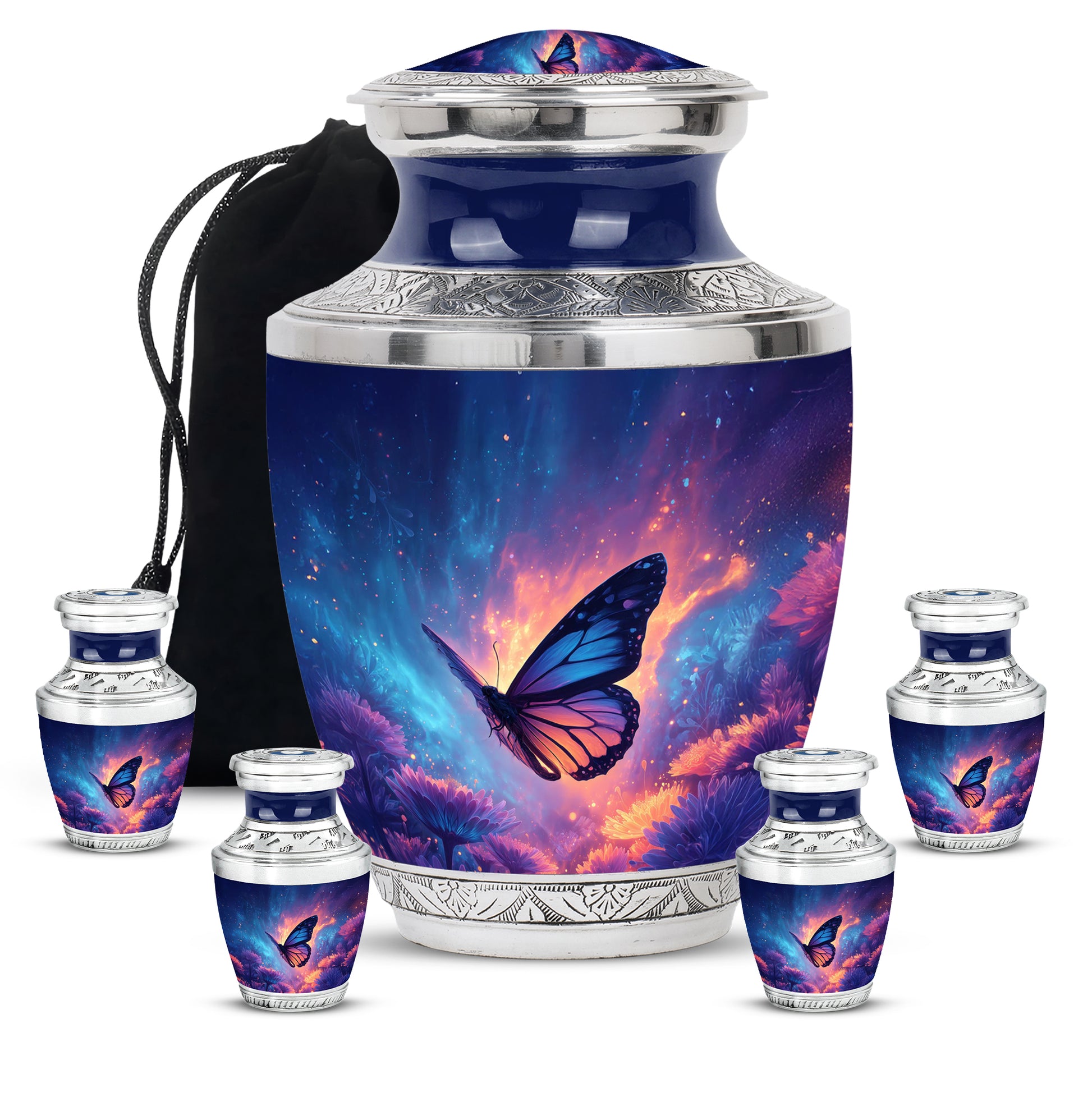 Royal Blue Butterfly Cremation Urn lifestyle display on memorial shelf - artistic butterfly interpretation with creative detail - memorial set with one large and four small urns