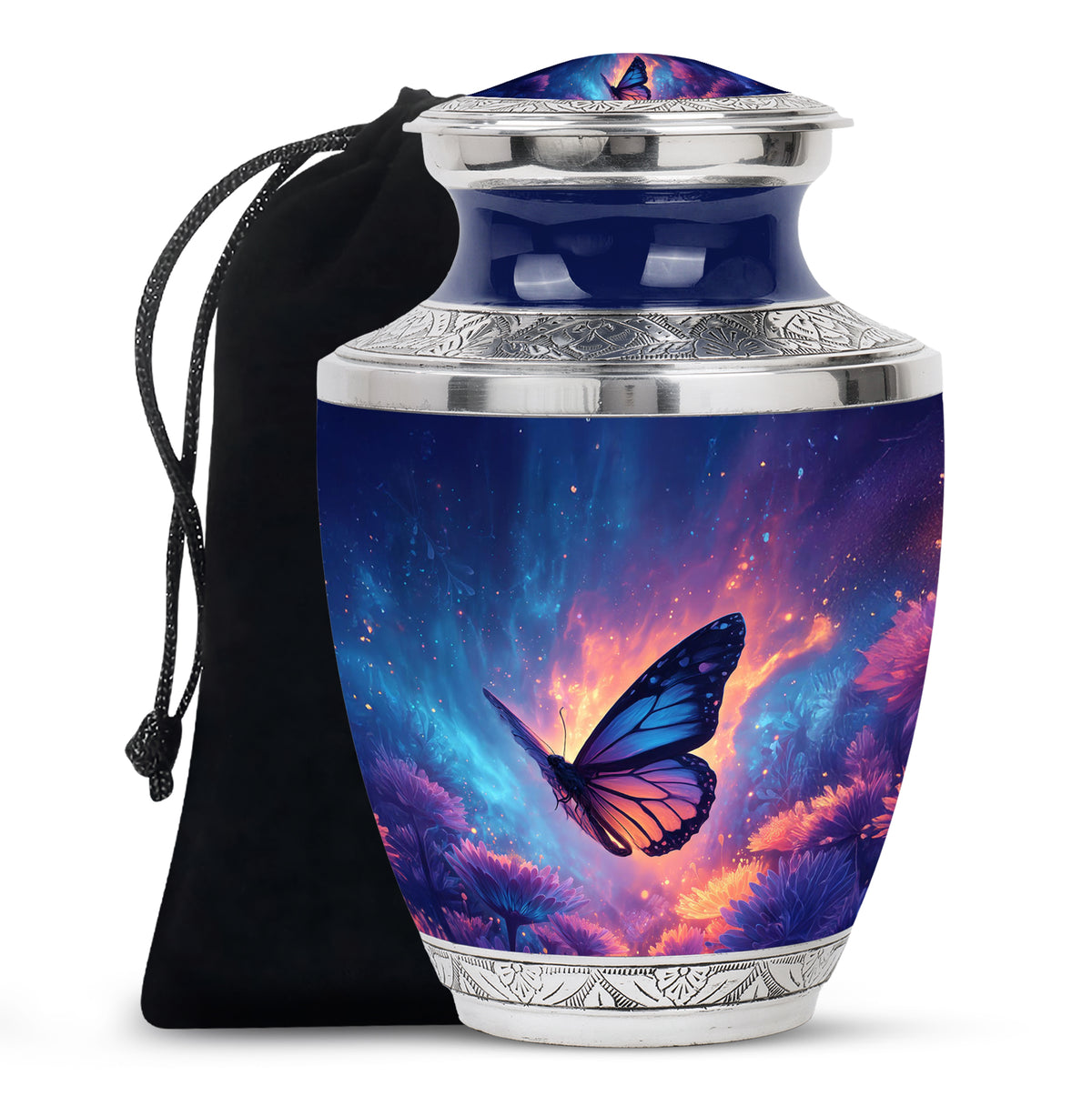 Soft Blue Butterfly Cremation Urn side profile showing urn shape - stylized abstract butterfly pattern with bold lines - full-size 10 inch 200 cubic inch adult cremation urn