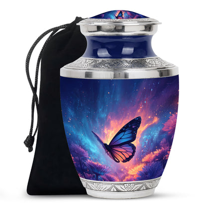 Soft Blue Butterfly Cremation Urn side profile showing urn shape - stylized abstract butterfly pattern with bold lines - full-size 10 inch 200 cubic inch adult cremation urn