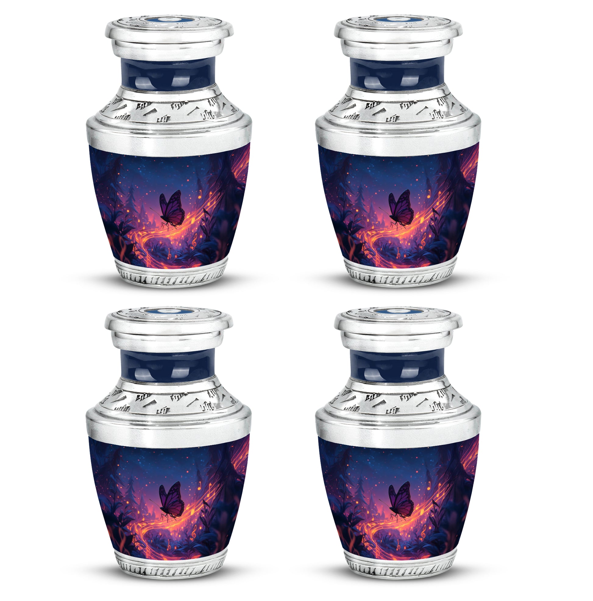 Sapphire Blue Butterfly Cremation Urn back view with polished surface - artistic butterfly interpretation with creative detail - 10 inch aluminum urn for cremated remains