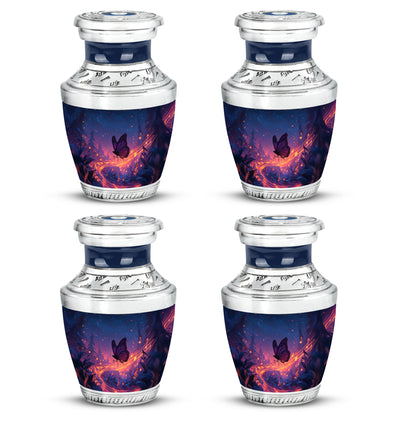 Sapphire Blue Butterfly Cremation Urn back view with polished surface - artistic butterfly interpretation with creative detail - 10 inch aluminum urn for cremated remains
