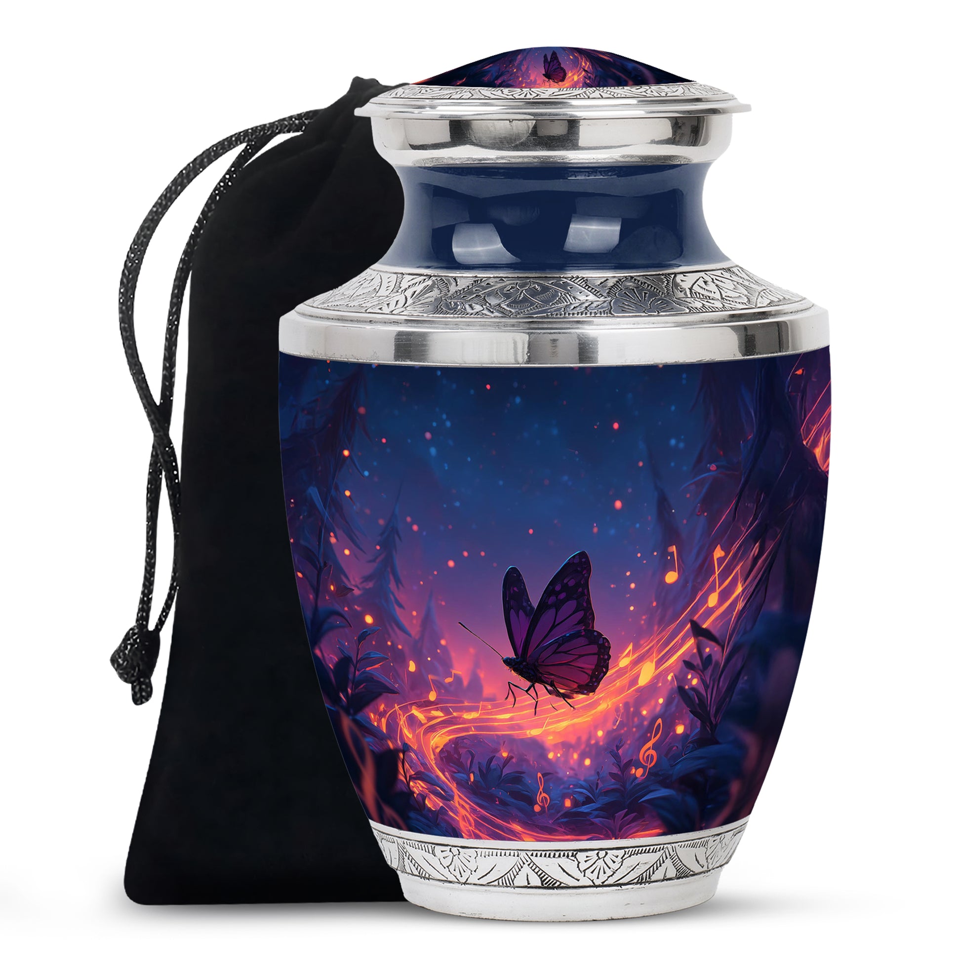 Calming Blue Butterfly Cremation Urn side profile showing urn shape - artistic butterfly interpretation with creative detail - full-size 10 inch 200 cubic inch adult cremation urn