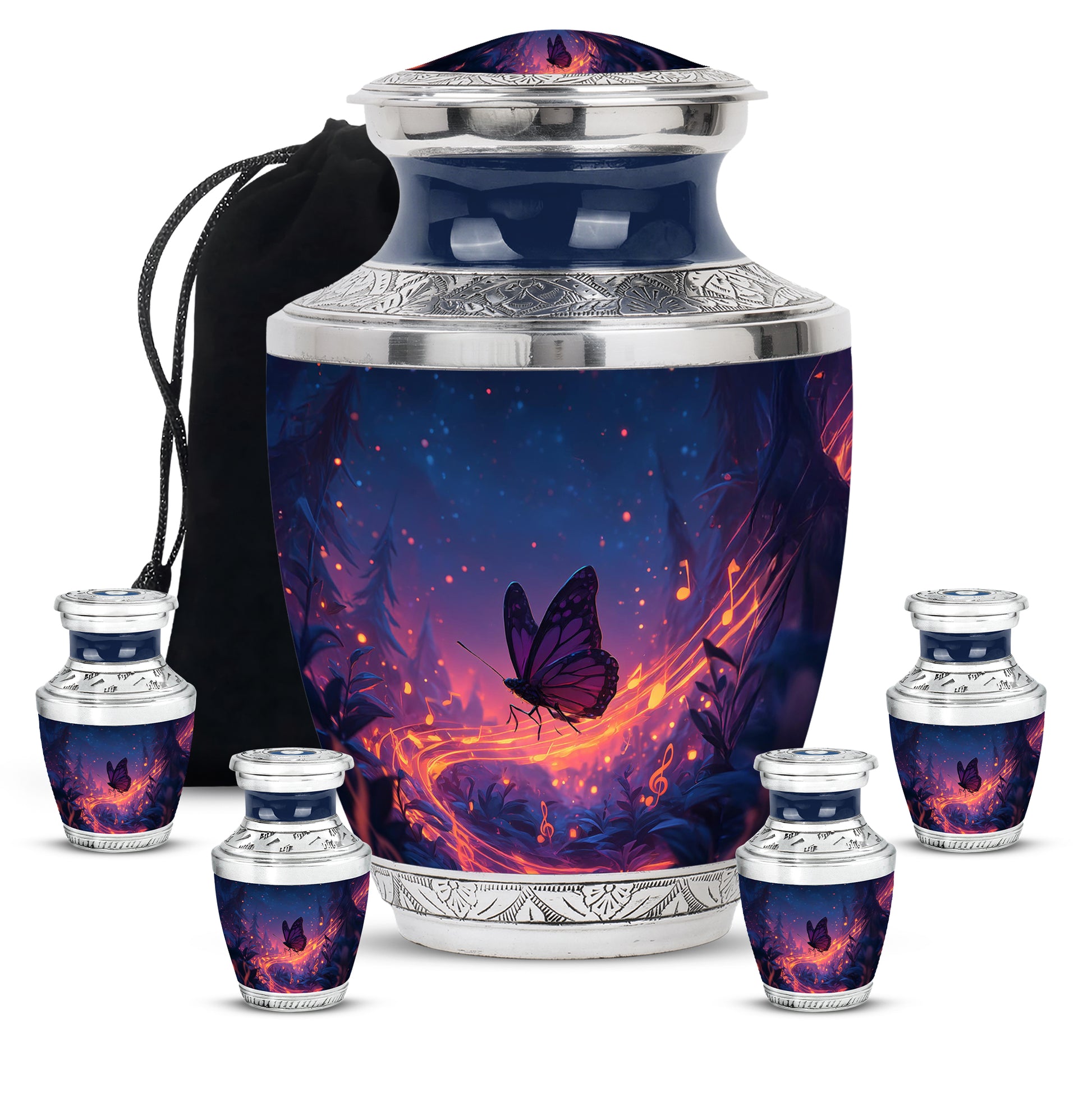 Sapphire Blue Butterfly Cremation Urn lifestyle display on memorial shelf - artistic butterfly interpretation with creative detail - memorial set with one large and four small urns