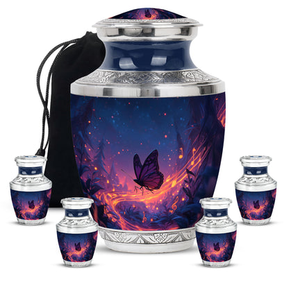 Sapphire Blue Butterfly Cremation Urn lifestyle display on memorial shelf - artistic butterfly interpretation with creative detail - memorial set with one large and four small urns