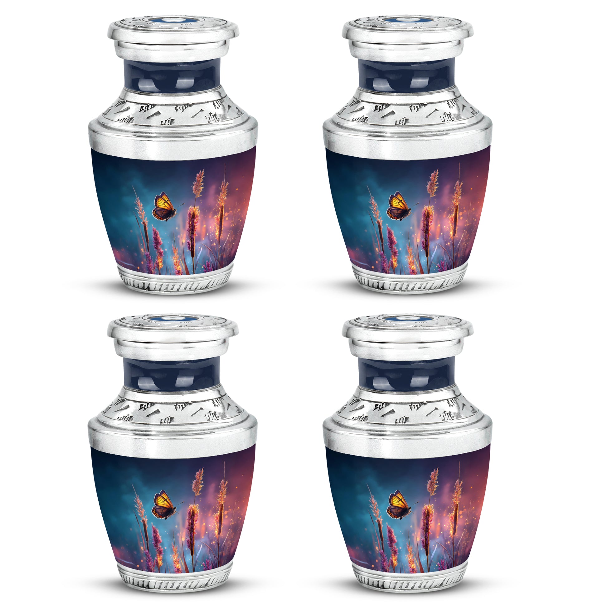 Calming Blue Butterfly Cremation Urn back view with polished surface - artistic butterfly interpretation with creative detail - 10 inch aluminum urn for cremated remains