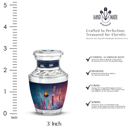 Sapphire Blue Butterfly Cremation Urn top-down view of secure threaded lid - stylized abstract butterfly pattern with bold lines - mini keepsake memorial for portion of cremation ashes