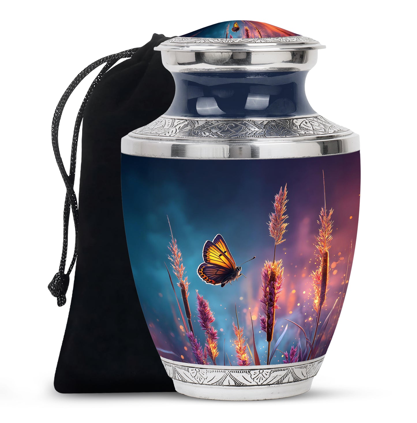 Slate Blue Butterfly Cremation Urn side profile showing urn shape - modern art-inspired butterfly motif on sleek aluminum - full-size 10 inch 200 cubic inch adult cremation urn