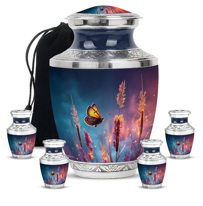 Bright Blue Butterfly Cremation Urn lifestyle display on memorial shelf - artistic butterfly interpretation with creative detail - memorial set with one large and four small urns