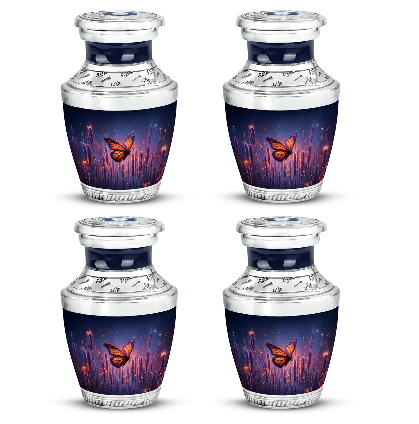 Twilight Blue Butterfly Cremation Urn back view with polished surface - artistic butterfly interpretation with creative detail - 10 inch aluminum urn for cremated remains