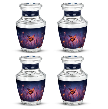 Twilight Blue Butterfly Cremation Urn back view with polished surface - artistic butterfly interpretation with creative detail - 10 inch aluminum urn for cremated remains