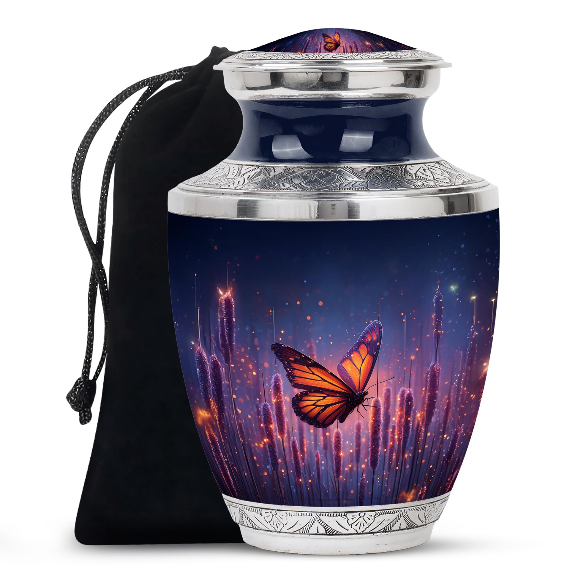 Steel Blue Butterfly Cremation Urn side profile showing urn shape - stylized abstract butterfly pattern with bold lines - full-size 10 inch 200 cubic inch adult cremation urn