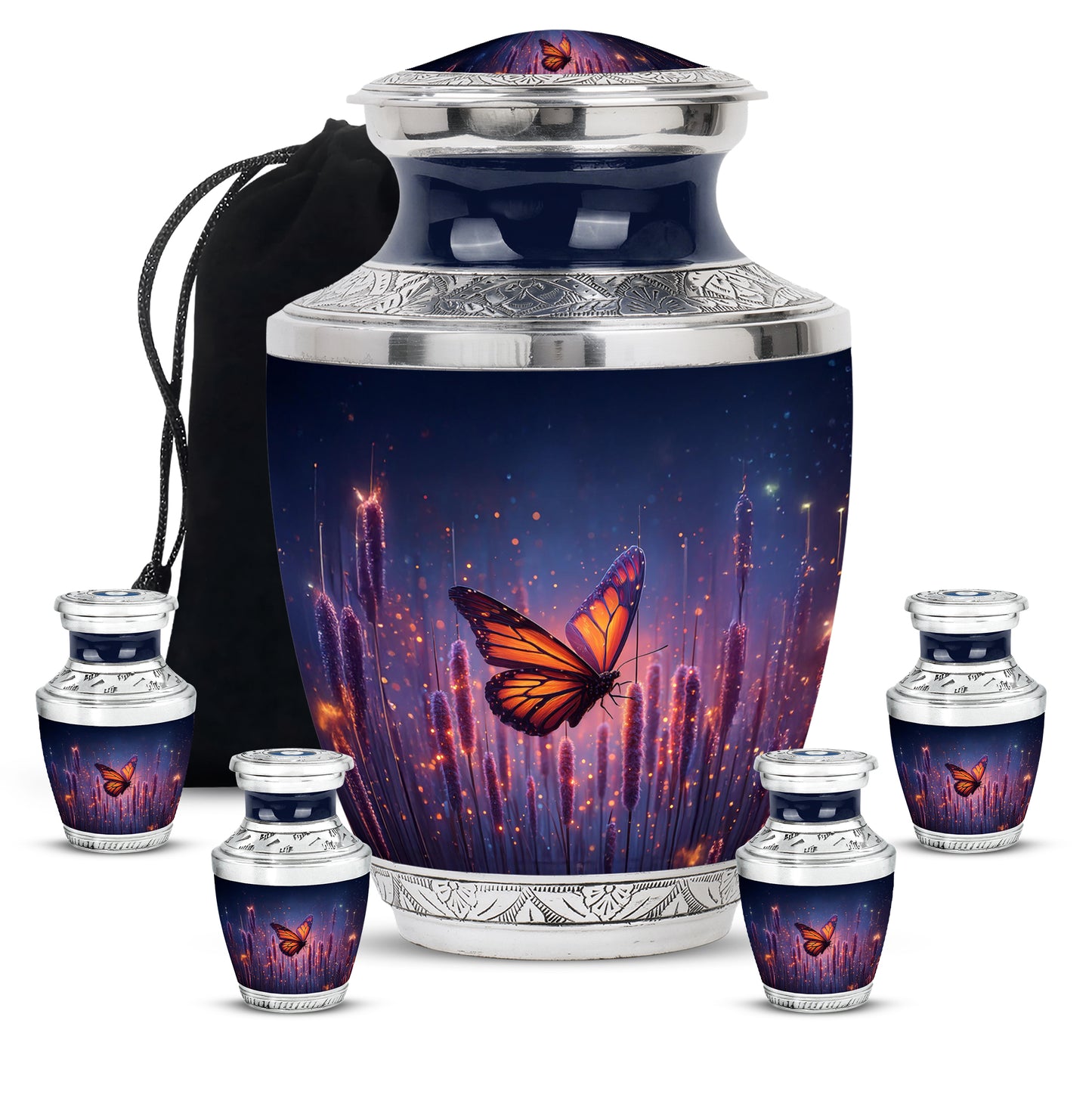 Steel Blue Butterfly Cremation Urn lifestyle display on memorial shelf - stylized abstract butterfly pattern with bold lines - memorial set with one large and four small urns