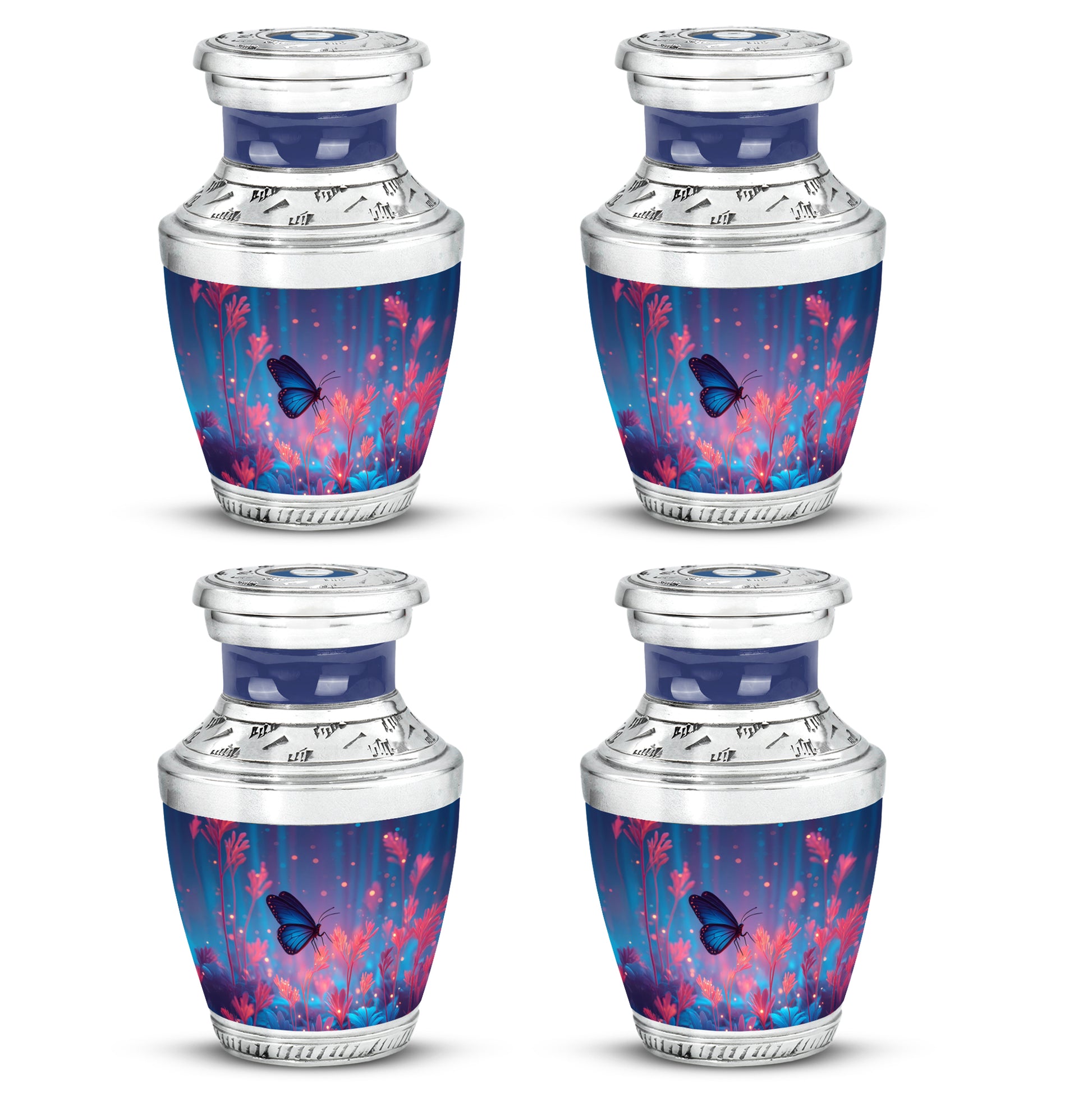 Twilight Blue Butterfly Cremation Urn back view with polished surface - stylized abstract butterfly pattern with bold lines - 10 inch aluminum urn for cremated remains
