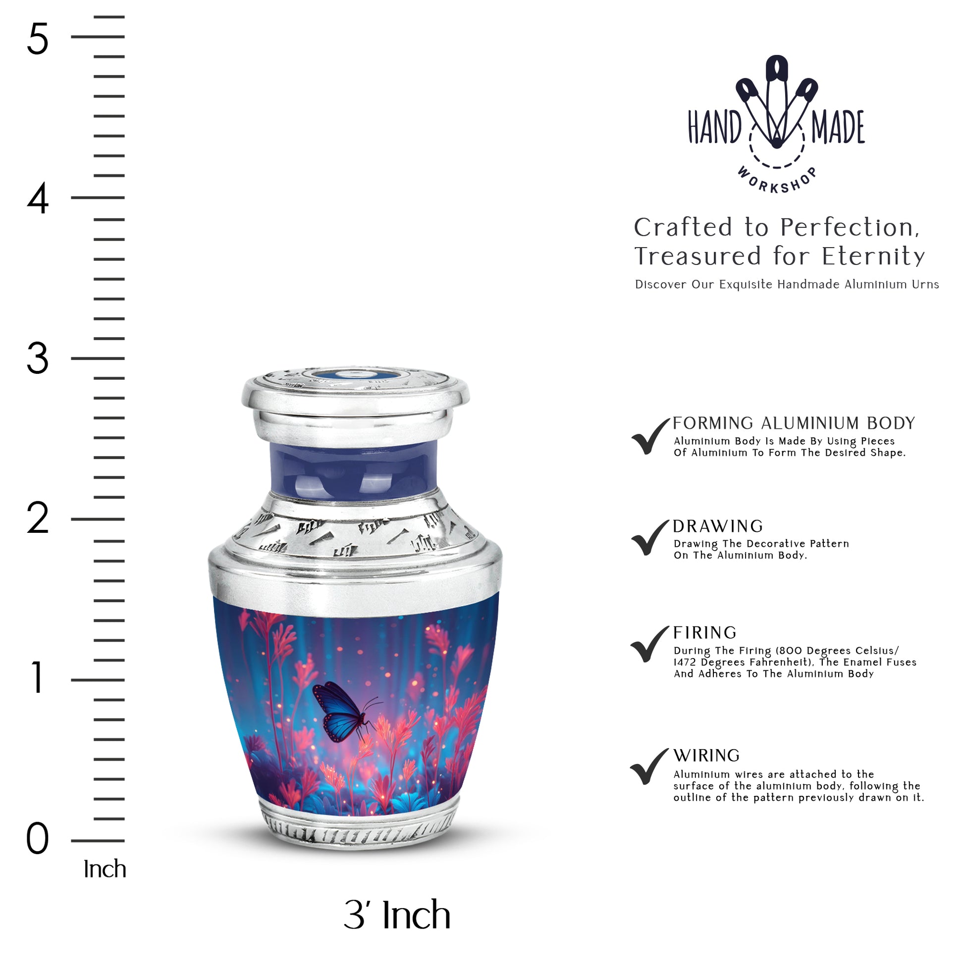 Calming Blue Butterfly Cremation Urn top-down view of secure threaded lid - artistic butterfly interpretation with creative detail - mini keepsake memorial for portion of cremation ashes