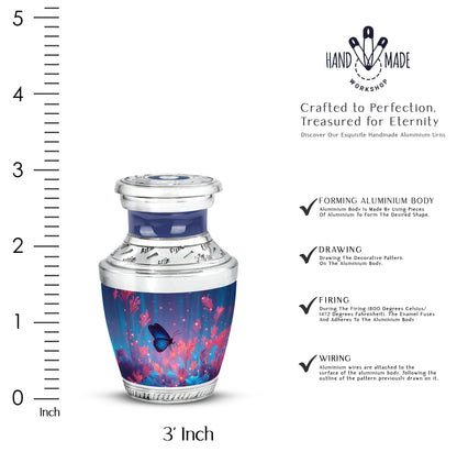 Calming Blue Butterfly Cremation Urn top-down view of secure threaded lid - artistic butterfly interpretation with creative detail - mini keepsake memorial for portion of cremation ashes