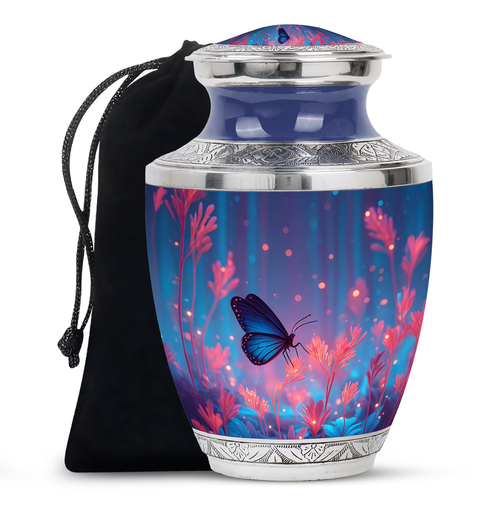 Slate Blue Butterfly Cremation Urn side profile showing urn shape - modern art-inspired butterfly motif on sleek aluminum - full-size 10 inch 200 cubic inch adult cremation urn