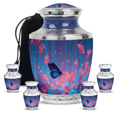 Navy Blue Butterfly Cremation Urn lifestyle display on memorial shelf - contemporary butterfly design with modern artistic flair - memorial set with one large and four small urns
