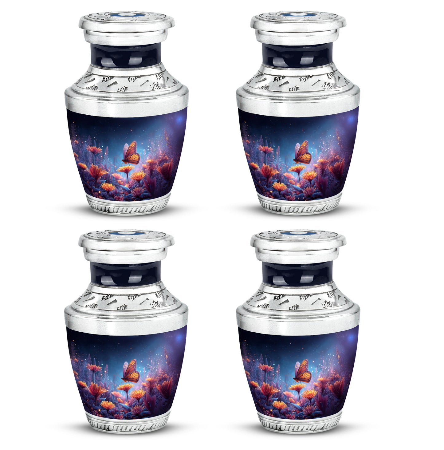 Navy Blue Butterfly Cremation Urn back view with polished surface - modern art-inspired butterfly motif on sleek aluminum - 10 inch aluminum urn for cremated remains
