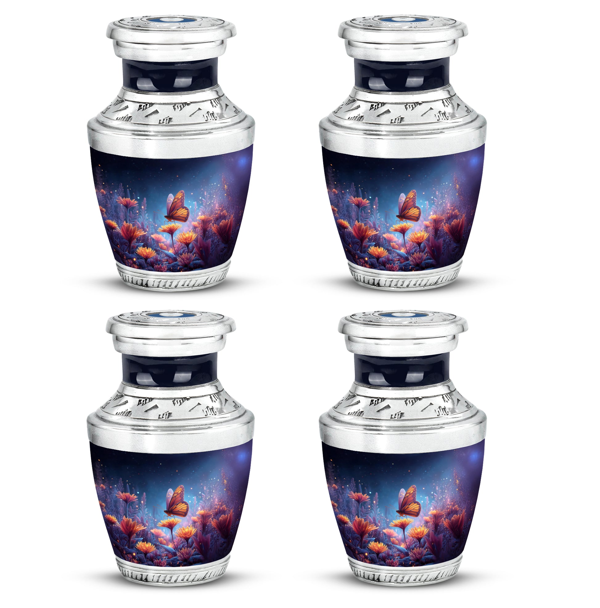 Navy Blue Butterfly Cremation Urn back view with polished surface - modern art-inspired butterfly motif on sleek aluminum - 10 inch aluminum urn for cremated remains