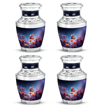Navy Blue Butterfly Cremation Urn back view with polished surface - modern art-inspired butterfly motif on sleek aluminum - 10 inch aluminum urn for cremated remains