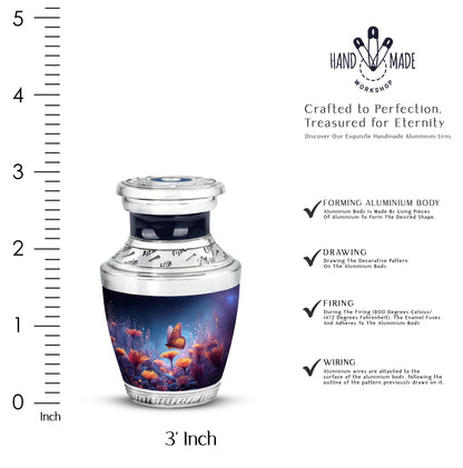 Icy Blue Butterfly Cremation Urn top-down view of secure threaded lid - modern art-inspired butterfly motif on sleek aluminum - mini keepsake memorial for portion of cremation ashes