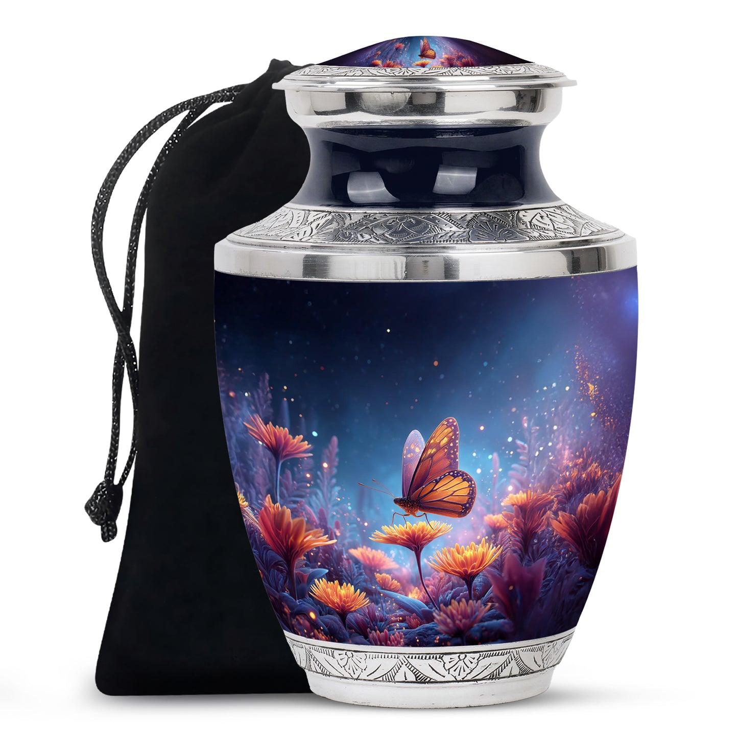 Misty Blue Butterfly Cremation Urn side profile showing urn shape - contemporary butterfly design with modern artistic flair - full-size 10 inch 200 cubic inch adult cremation urn