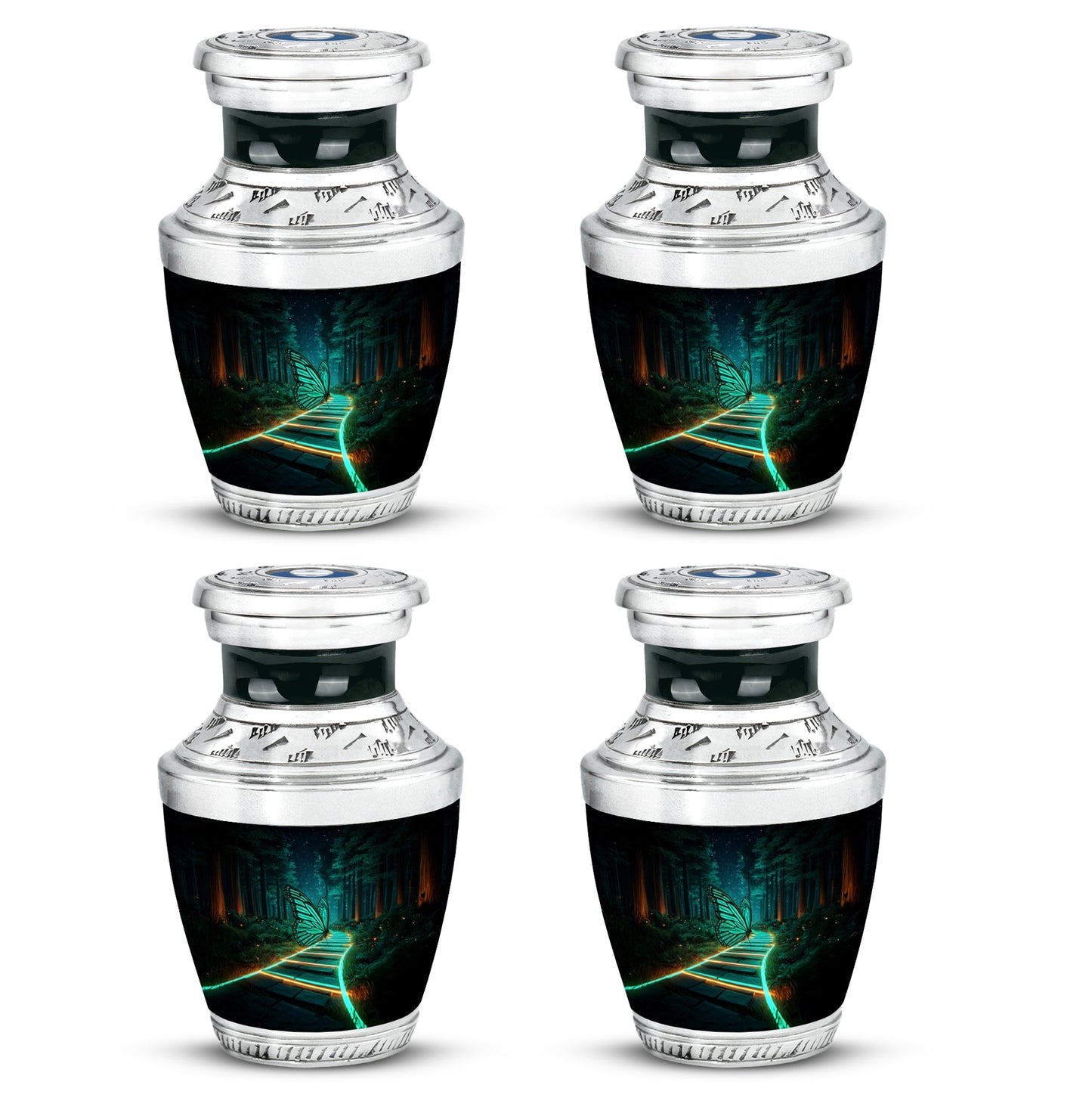 Onyx Black Butterfly Cremation Urn back view with polished surface - stylized abstract butterfly pattern with bold lines - 10 inch aluminum urn for cremated remains