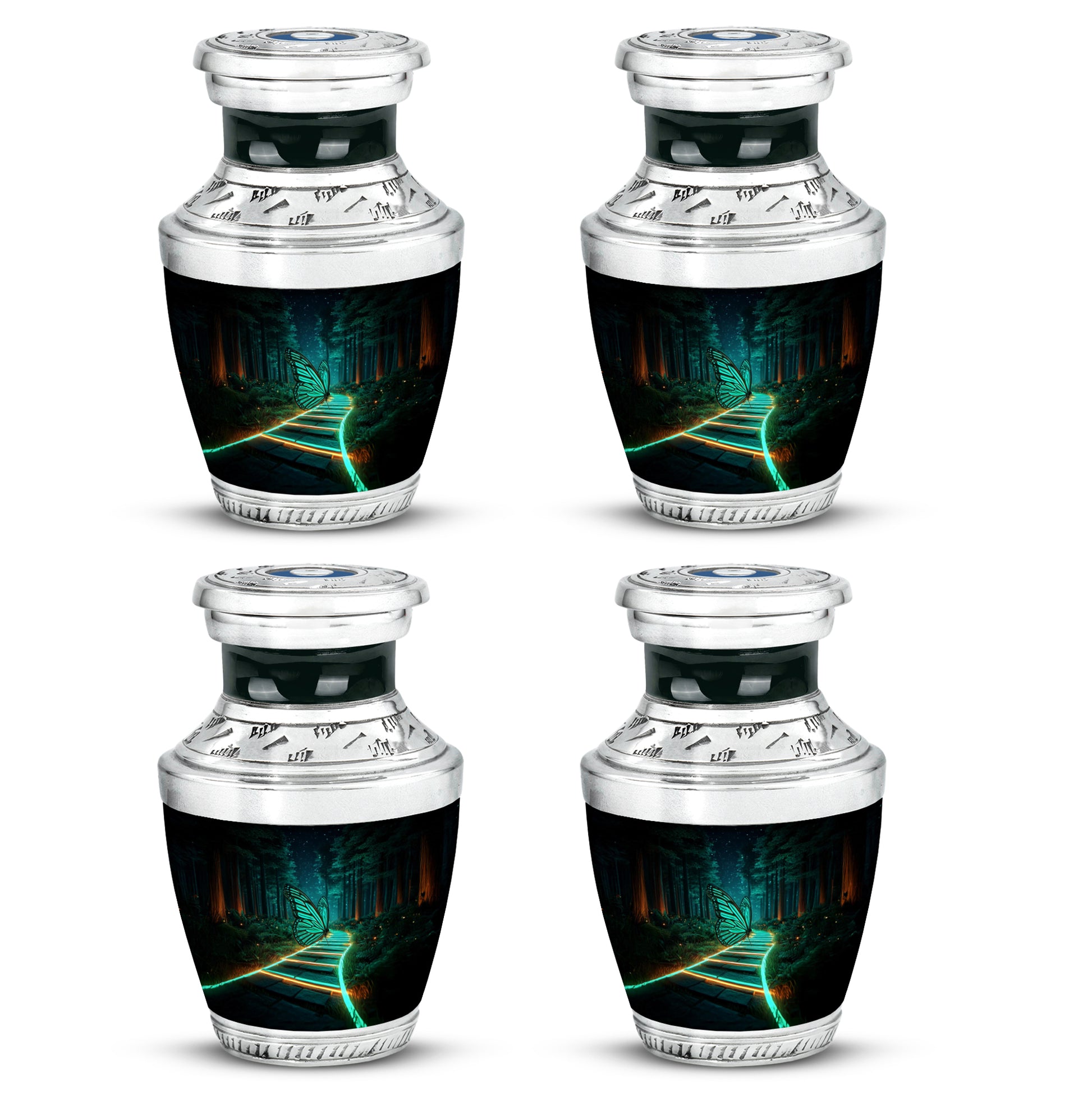 Onyx Black Butterfly Cremation Urn back view with polished surface - stylized abstract butterfly pattern with bold lines - 10 inch aluminum urn for cremated remains