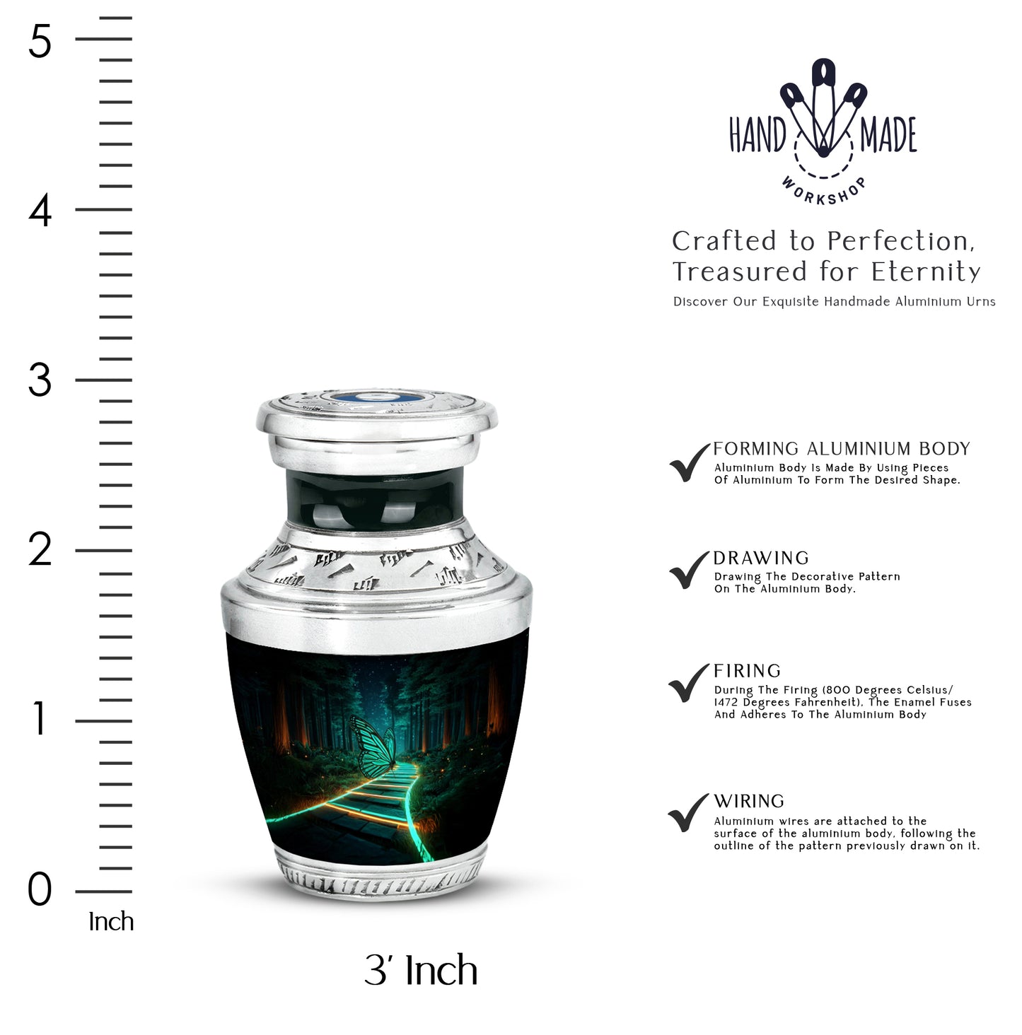 Charcoal Black Butterfly Cremation Urn top-down view of secure threaded lid - artistic butterfly interpretation with creative detail - mini keepsake memorial for portion of cremation ashes