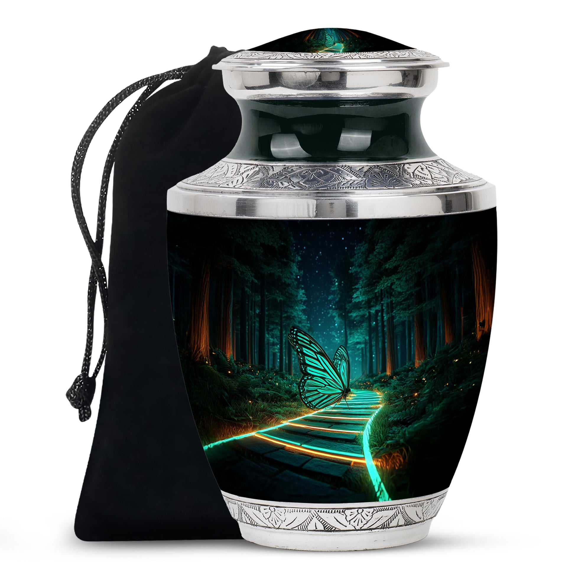 Deep Black Butterfly Cremation Urn side profile showing urn shape - contemporary butterfly design with modern artistic flair - full-size 10 inch 200 cubic inch adult cremation urn
