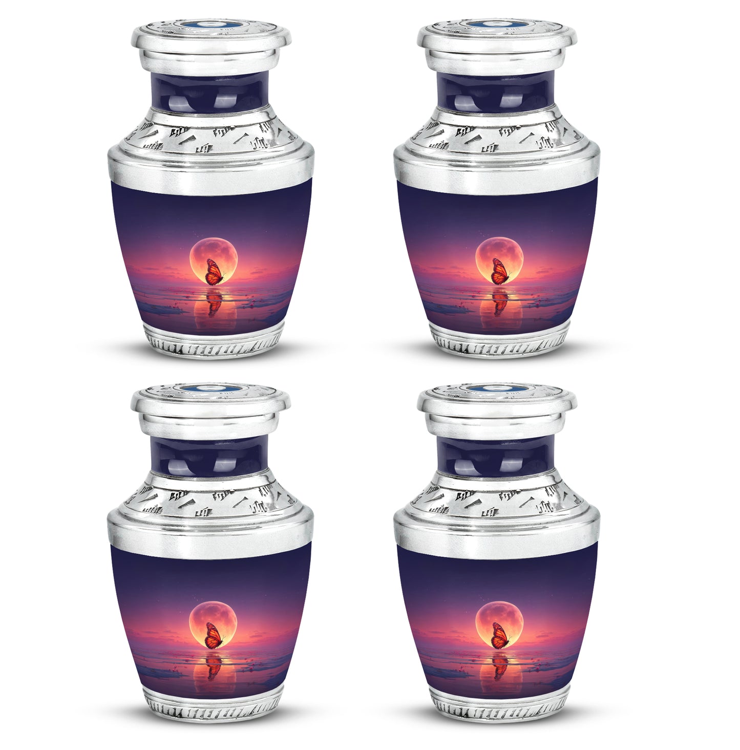 Vivid Blue Butterfly Cremation Urn back view with polished surface - artistic butterfly interpretation with creative detail - 10 inch aluminum urn for cremated remains